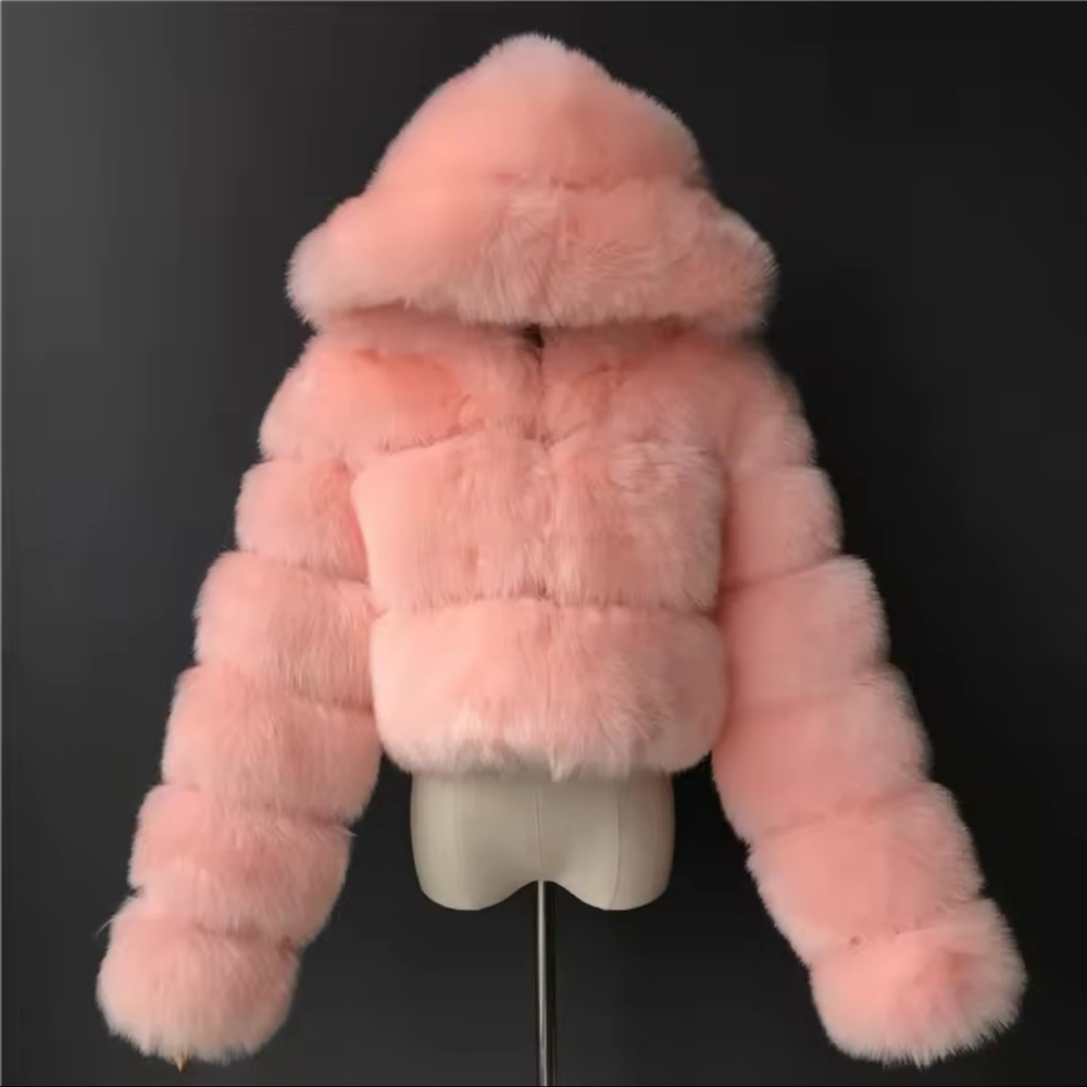 Pink Cozy Chic Faux Fur Couture Hooded Cropped Teddy Jacket - Picture 1 of 6